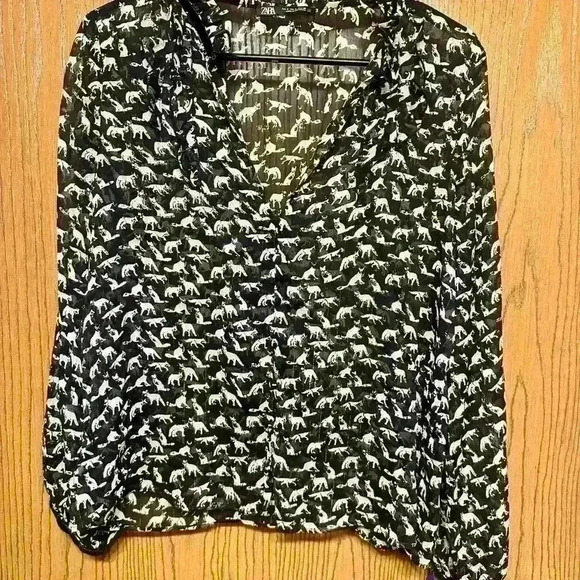 Zara women’s size S black cat print shirt blouse top - Picture 2 of 5